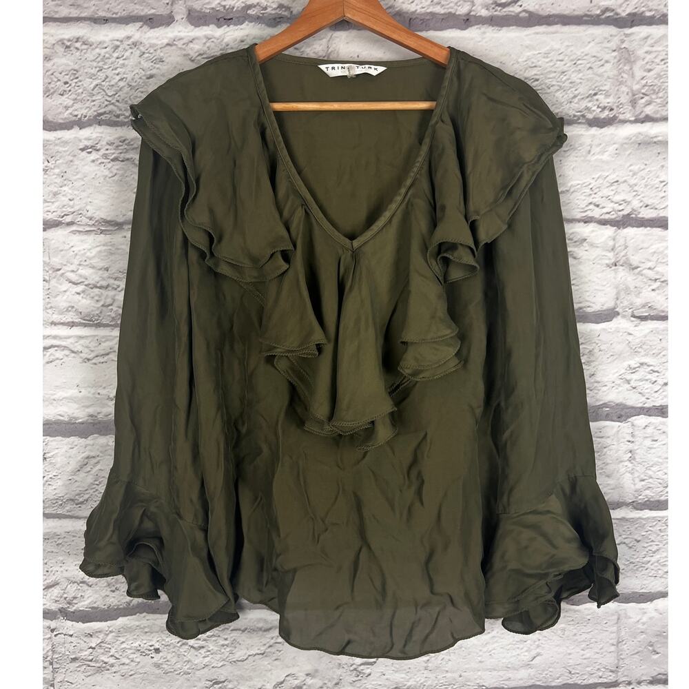 TRINA TURK Women's M Green V-Neck Long Sleeve Ruffle Semi-Sheer Blouse Fancy Top - Picture 2 of 9